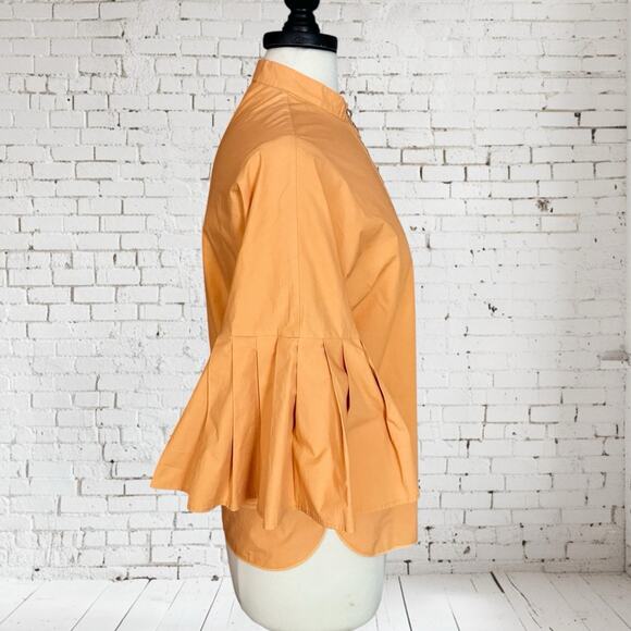 Genny Made In Italy Blouse Top Sz 4 Pleated Flared Sleeves Metallic Trim Poplin - Picture 2 of 8